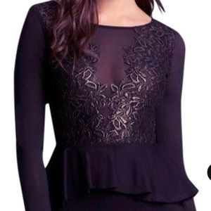 Bebe Long Sleeves, Black and Gold Lace Peplum Top